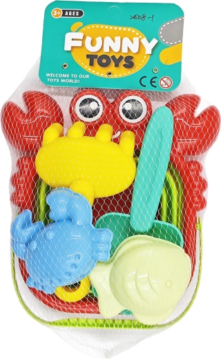 Set per la sabbia con granchio – secchiello pieghevole, paletta, rastrello e formine