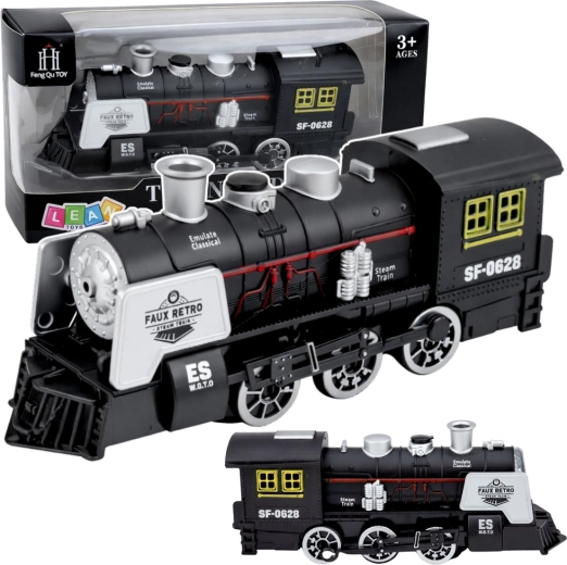 Classica locomotiva a vapore nera con suoni, fumo e sensore ostacoli