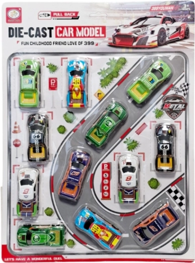 Set di macchinine da corsa in metallo con accessori (12 pz)