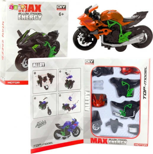 Motocicletta in metallo da assemblare 1:14 verde‑arancione DIY