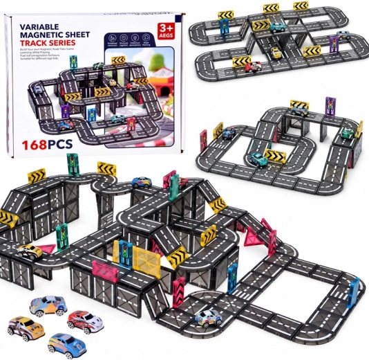 Set da costruzione magnetico per pista stradale con 168 pezzi, 4 automobiline e segnali stradali