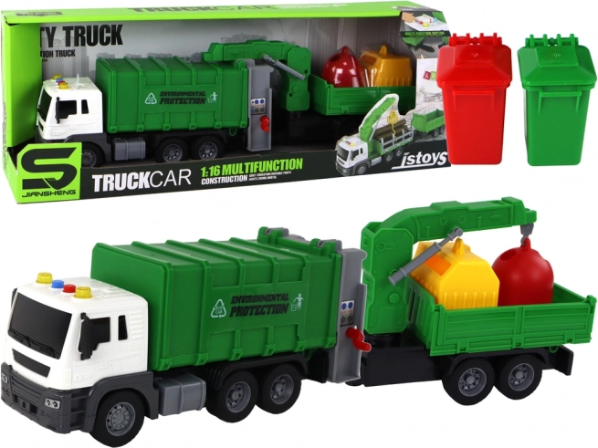 Camion della spazzatura con gru Rimorchio a retrocarica con suoni verde 1:16