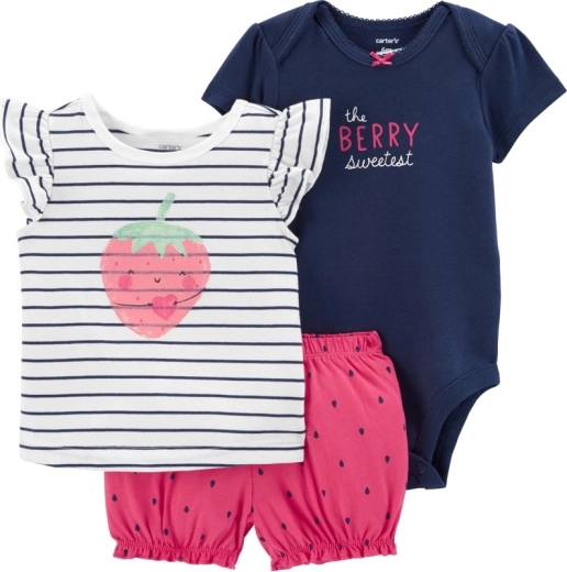 Set 3 pezzi per neonato Carter's Strawberry Stripes – body, maglietta e shorts
