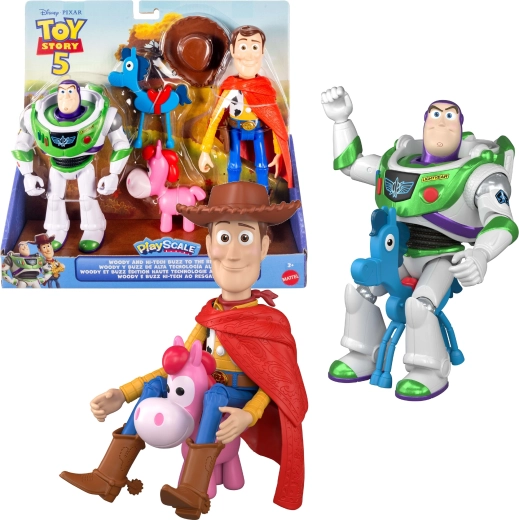 Mattel Disney Pixar Toy Story 5 set di action figure Woody e Buzz Lightyear Hi‑Tech + 2 pony