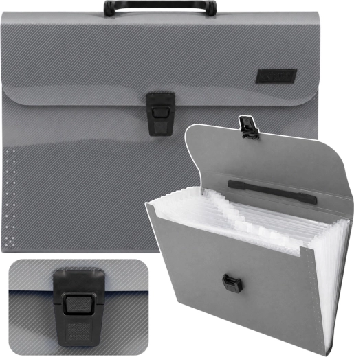 Organizer a fisarmonica per documenti A4 con maniglia, 13 scomparti, grigio - 1 pezzo
