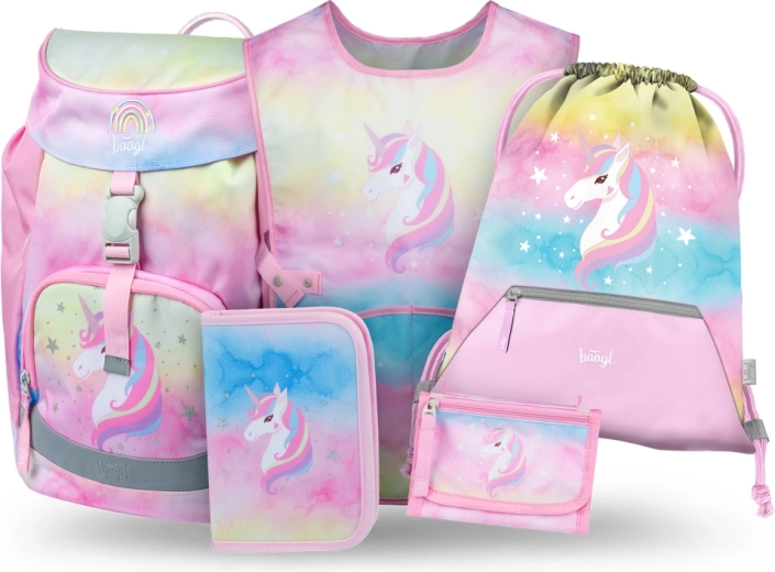 Baagl set 5 Airy Rainbow Unicorn – zaino scolastico, astuccio, sacca, grembiule e portafoglio