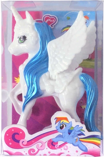 Unicorno in plastica con ali bianco-blu 10 cm in scatolina