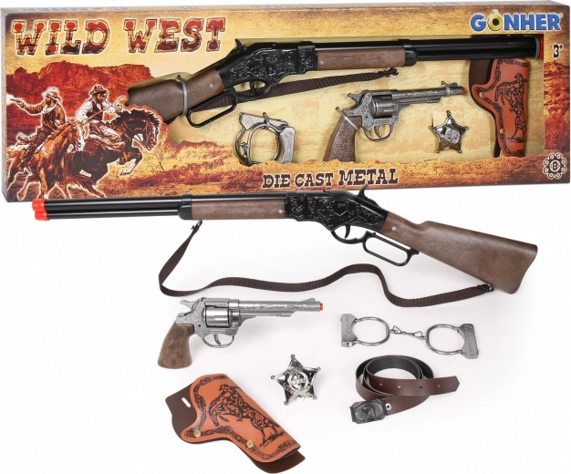 Set da cowboy – fucile, revolver, manette e stella da sceriffo per capsule
