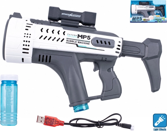 Pistola sparabolle bianca stile MP5 con effetto luminoso 44 cm