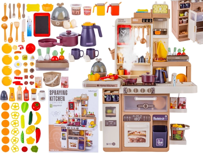 Cucina giocattolo multifunzione per bambini con vapore e suoni, con lavello, forno e 104 accessori
