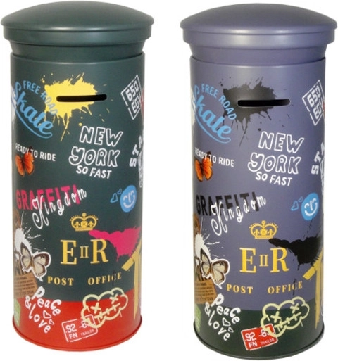 salvadanaio colorato in metallo per bambini con motivo urbano