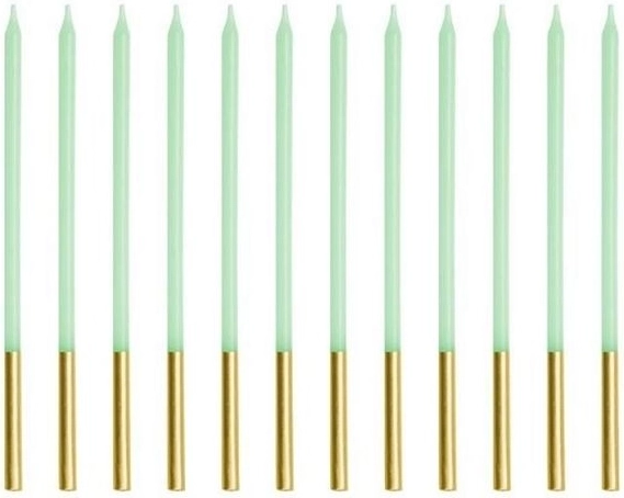 Candele di compleanno lisce verde chiaro con supporto dorato 14 cm (12 pz)