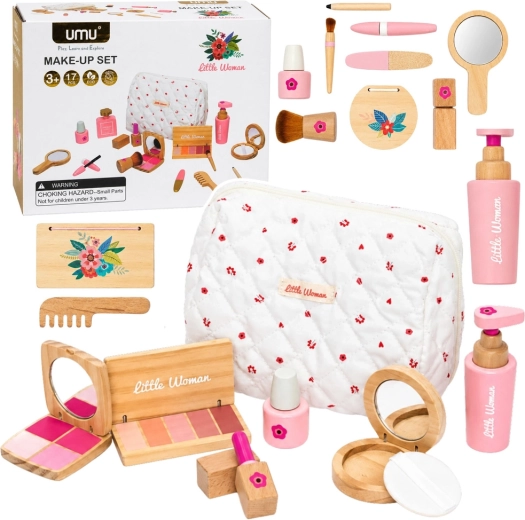 Set cosmetico in legno per bambini con borsina cosmetica bianca, 17 pz