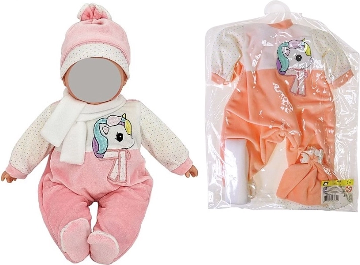 Vestitino per bambola 45 cm – tutina rosa con unicorno, cappellino e sciarpa