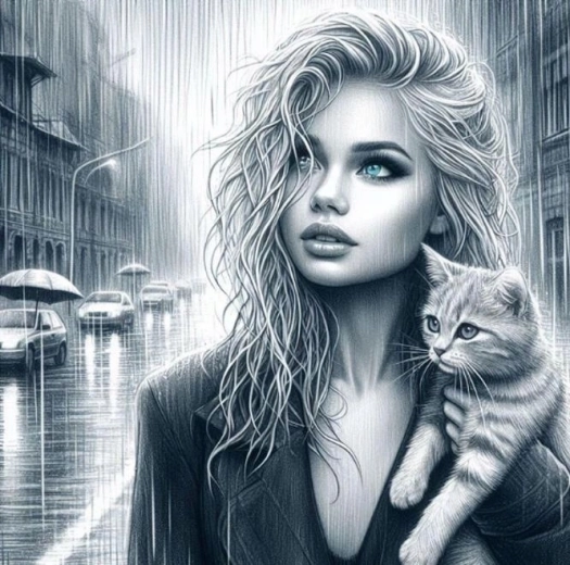 Pittura diamantata Donna dagli occhi azzurri con gatto 30 × 40 cm