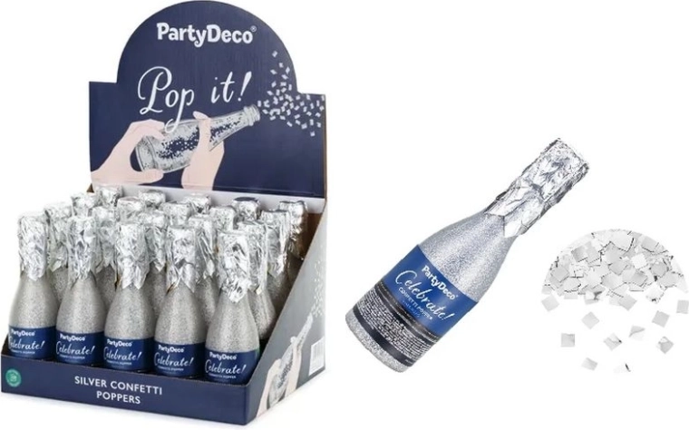 Tubo s coriandoli a forma di bottiglia di champagne, argento 20,5 cm