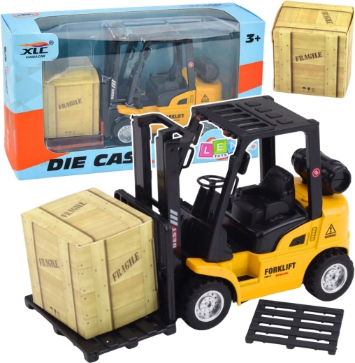 Carrello elevatore in metallo con meccanismo a retrocarica, pallet e cassa – giallo