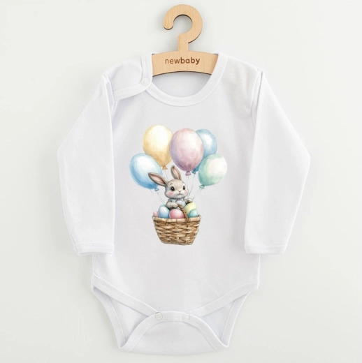 Body neonato con stampa New Baby con coniglietto e palloncini, manica lunga
