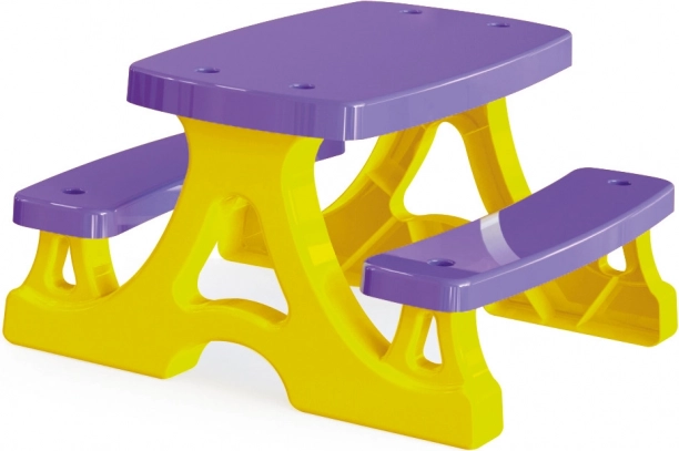 Tavolo da picnic in plastica con panchine, giallo‑viola