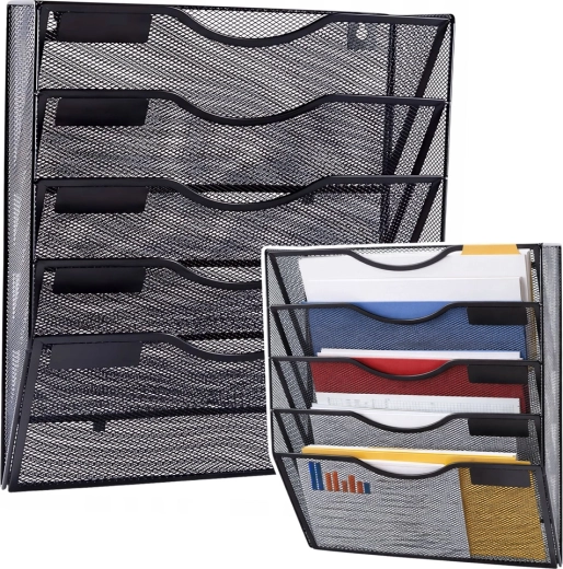 Organizzatore da parete in metallo per documenti A4, 5 scomparti, nero