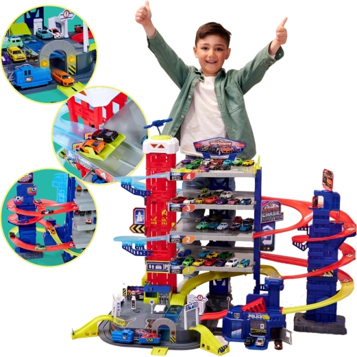 Grande garage Super Chase Center con piste e 4 auto con luci e suoni MAJORETTE