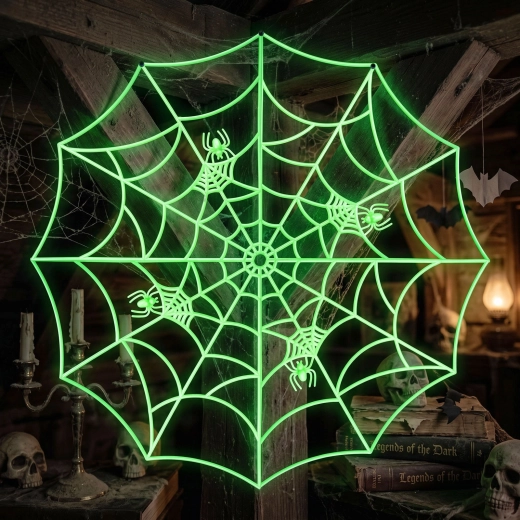 Decorazione angolare a ragnatela fosforescente verde 30 × 30 cm – 4 pezzi