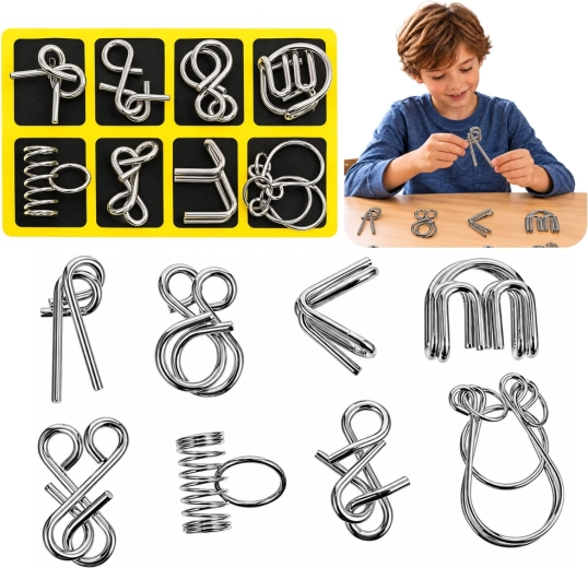 Puzzle logici metallici in filo con tavola gialla - 8 pezzi