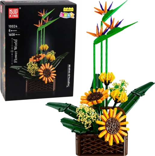 Kit di costruzione: composizione floreale con strelitzia e girasoli in vaso, 1608 pezzi