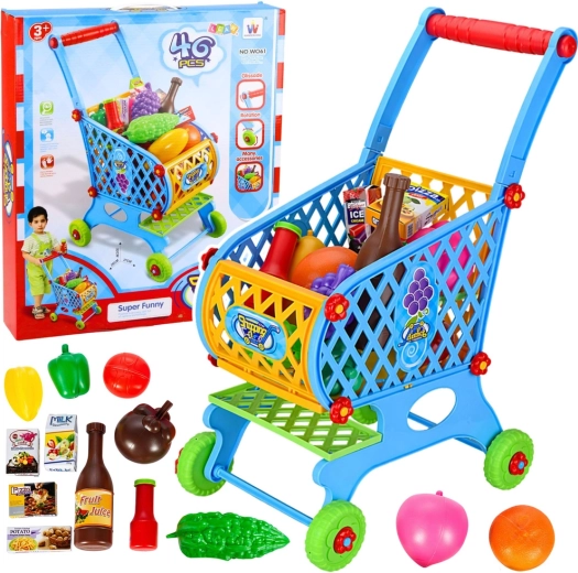 Carrello della spesa per bambini con alimenti, blu, 52 cm, 46 pezzi