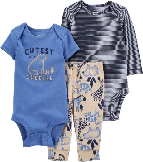 CARTER'S set da 3 pezzi: body a manica corta, body a manica lunga e pantaloni tuta Blue Safari per ragazzi – 3 mesi