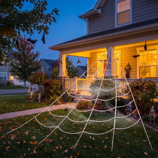 Ragnatela di Halloween bianca in ciniglia 5 × 4,8 m con picchetti di fissaggio