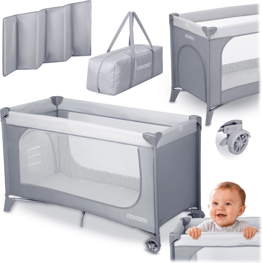 Lettino da viaggio Ricokids con materasso e borsa per il trasporto, grigio chiaro