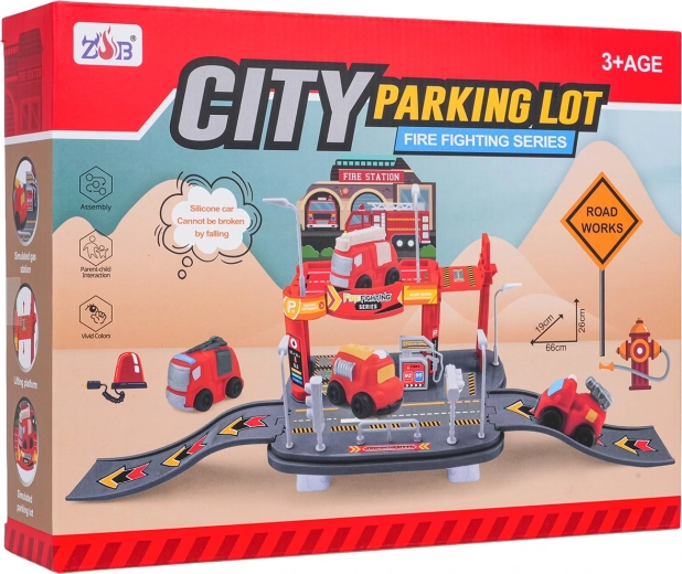 Garage dei pompieri con macchinina morbida – parcheggio a due piani per bambini