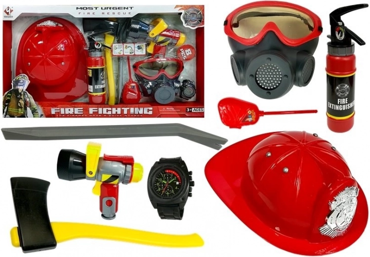 Set da pompiere per bambini – elmetto, maschera, ascia, piede di porco e accessori, rosso