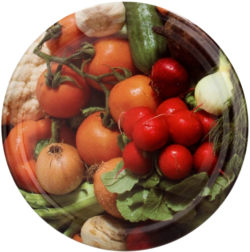 Set di coperchi per conserve 82 mm con motivo verdure (ravanelli e cipollotto) – 10 pz