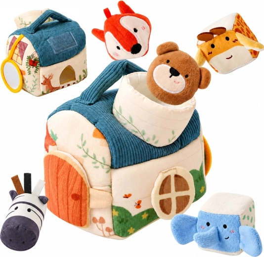Casetta sensoriale in peluche con 5 animaletti