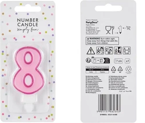Candela di compleanno rosa a forma di numero 8, 7 cm