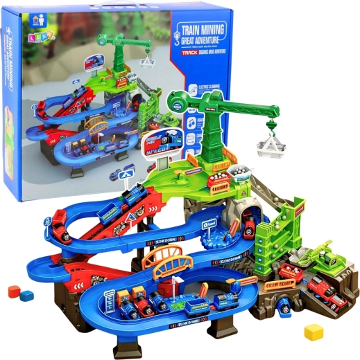 Pista ferroviaria mineraria interattiva con gru elettrica e treni merci