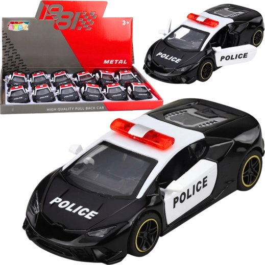 Auto sportiva della polizia in metallo con meccanismo a retrocarica pull-back 1:43
