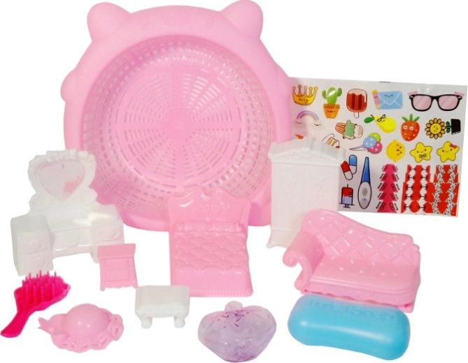 set colorato di mobili per bambini con cestino e adesivi