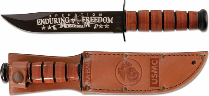 Ka-Bar coltello militare commemorativo U.S.M.C. OEF Afghanistan 17,8 cm, nero, impugnatura in pelle, fodero in pelle