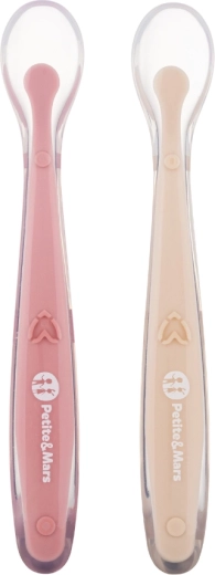 Petite&Mars cucchiaini in silicone con custodia Take&Match pea–ochre, 2 pz, 6 m+