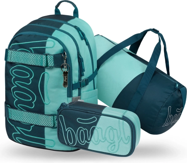 Baagl set 3 Skate Petrol: zaino scolastico, astuccio e borsa sportiva pieghevole GRS