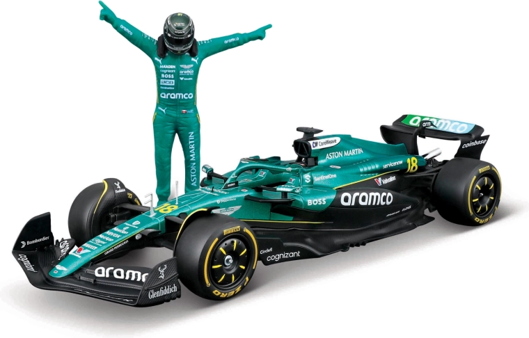 Modello Bburago di Formula 1 Aston Martin AMR25 2025 Lance Stroll (numero 18) 1:24 con statuina del pilota