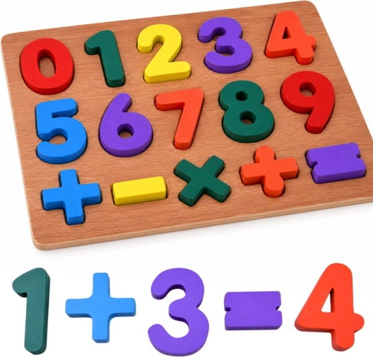 Puzzle educativi in legno con numeri e simboli matematici