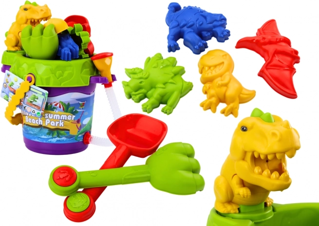 Set da sabbia per bambini a tema dinosauri – secchiello con doccino, annaffiatoio e formine