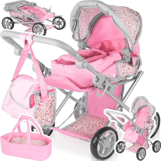 Passeggino per bambole 3 in 1 Pink Flowers