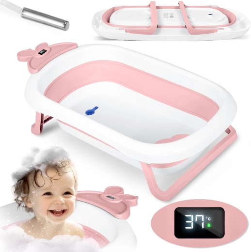 Vaschetta pieghevole per bambini con termometro LCD, bianca/rosa