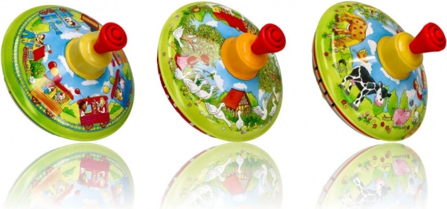 Classica trottola di latta con immagini di fattoria