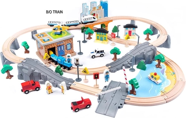 Pista ferroviaria in legno a batteria, 95 pezzi